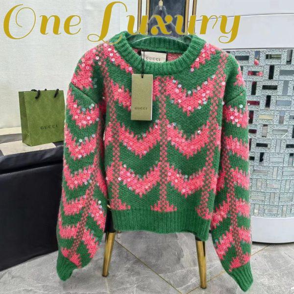 Replica Gucci Women GG Chevron Wool Sequin Sweater Crewneck Mohair Polyamide Puffed Sleeves 3