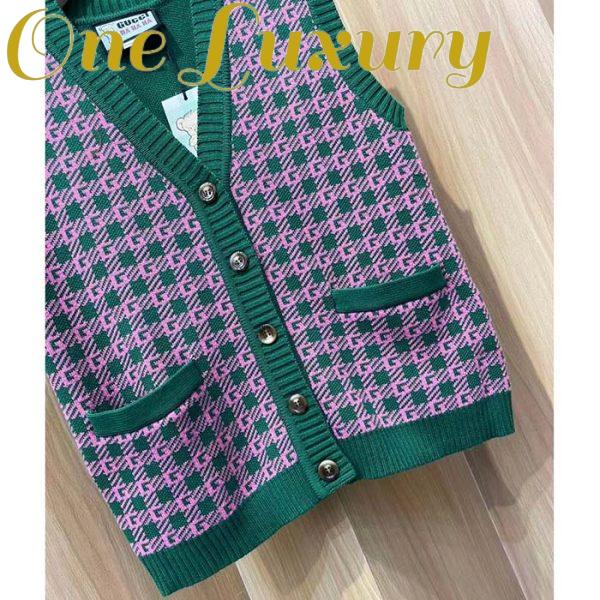 Replica Gucci Women GG HA HA HA Square G Vest Green Pink Wool Jacquard V-Neck Sleeveless 5