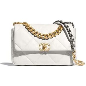 Replica Chanel Women CC 19 Flap Bag Calfskin Gold Silver-Tone Metal White 2