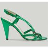 Replica Gucci Women Crystal Interlocking G Sandal Green Metallic Braided Leather High Heel