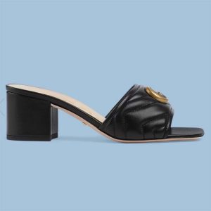 Replica Gucci Women Double G Slide Sandal Black Chevron Matelassé Leather Mid-Heel