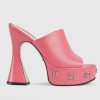 Replica Gucci Women GG Platform Slide Sandal Pink Leather Spool High 11 Cm Heel