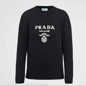 Replica Prada Men Cashmere Wool Prada Logo Crew-Neck Sweater Black Menswear Fit
