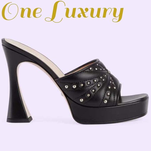 Replica Gucci Women GG Heeled Slide Sandals Black Leather Studs Spool High 15 Cm Heel 2