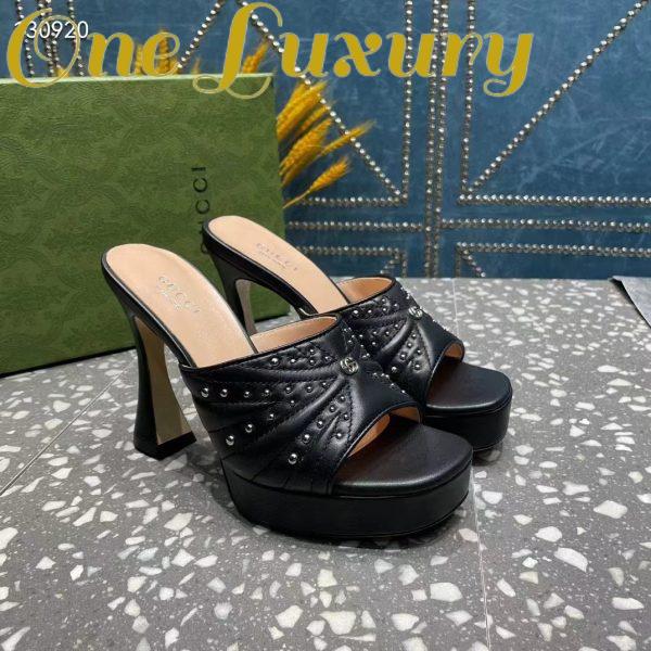 Replica Gucci Women GG Heeled Slide Sandals Black Leather Studs Spool High 15 Cm Heel 4
