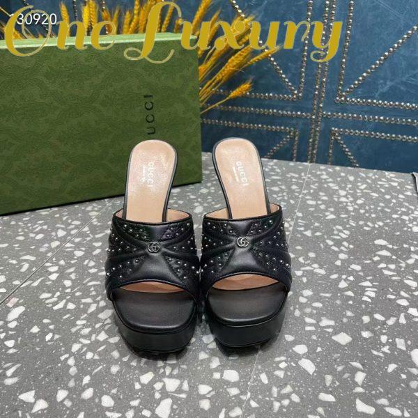Replica Gucci Women GG Heeled Slide Sandals Black Leather Studs Spool High 15 Cm Heel 5
