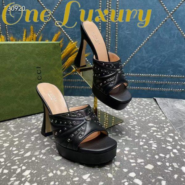 Replica Gucci Women GG Heeled Slide Sandals Black Leather Studs Spool High 15 Cm Heel 6