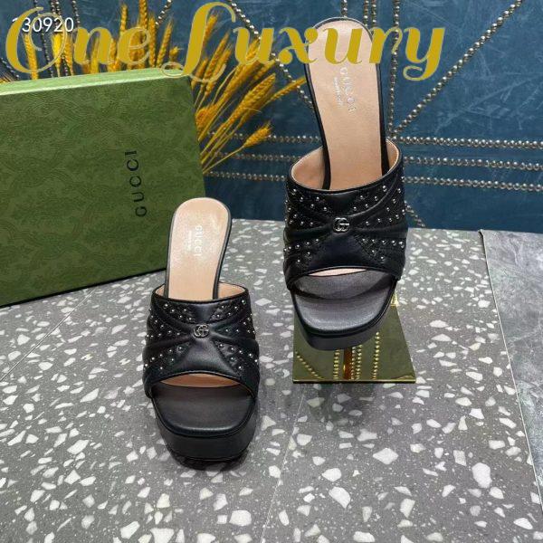 Replica Gucci Women GG Heeled Slide Sandals Black Leather Studs Spool High 15 Cm Heel 7