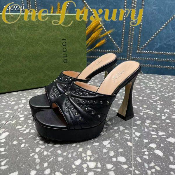 Replica Gucci Women GG Heeled Slide Sandals Black Leather Studs Spool High 15 Cm Heel 8