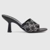 Replica Gucci Women GG Mid Heel Slide Sandal Black GG Crystal Mesh 7.6 CM Heel