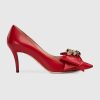 Replica Gucci Women Shoes Leather Mid-Heel Pump with Bow 75mm Heel-Red