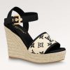 Replica Louis Vuitton LV Women Starboard Wedge Sandal Black Monogram-Embroidered Cotton Rope Sole