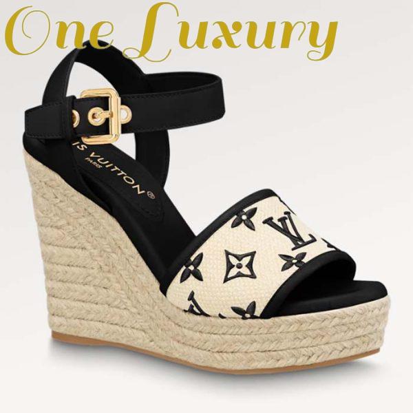 Replica Louis Vuitton LV Women Starboard Wedge Sandal Black Monogram-Embroidered Cotton Rope Sole 2