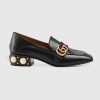 Replica Gucci Women Leather Mid-Heel Loafer with Blue and Red Web-Black