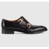 Replica Gucci Men Monk Strap Loafer Smooth Black Leather Buckle Sole Flat 2 Cm Heel