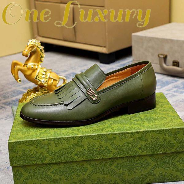 Replica Gucci Men’s GG Loafer Mirrored G Dark Green Leather Fringe Low Heel 4