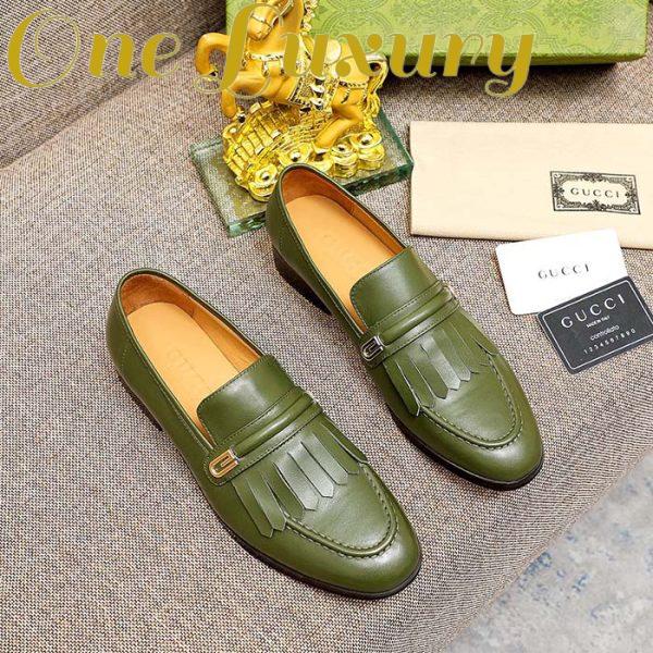 Replica Gucci Men’s GG Loafer Mirrored G Dark Green Leather Fringe Low Heel 5