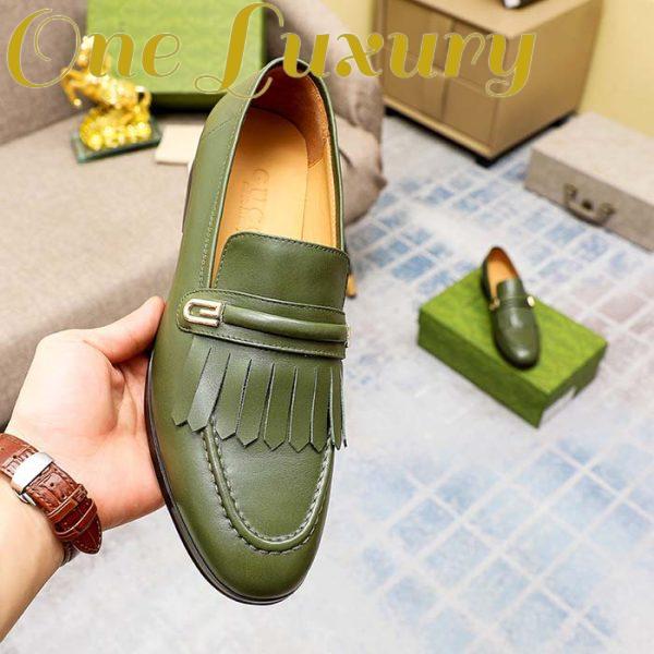 Replica Gucci Men’s GG Loafer Mirrored G Dark Green Leather Fringe Low Heel 8