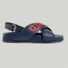 Replica Gucci Unisex GG Gucci Sandal Smooth Blue Red Leather Script Rubber Buckle Flat