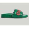 Replica Gucci Unisex GG Slide Sandal Green Red Leather Script Rubber Flat 1 CM Heel