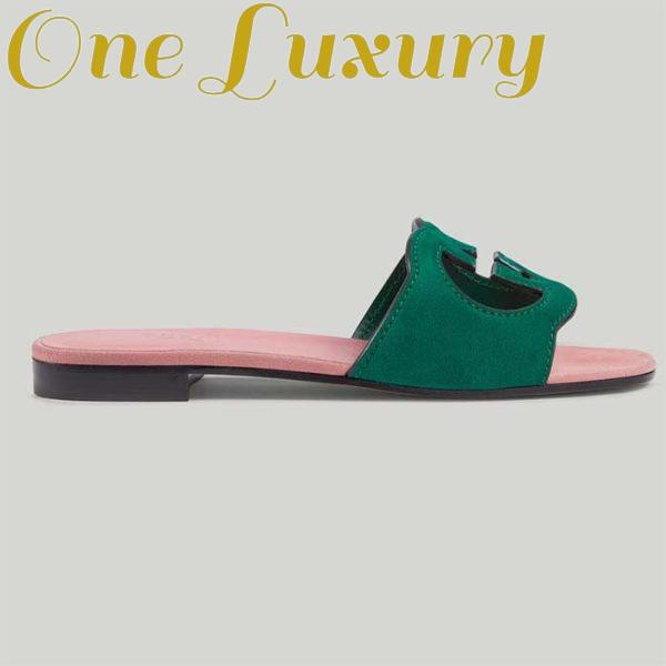 Replica Gucci Unisex Interlocking G Cut-Out Slide Sandal Green Pink Suede Flat