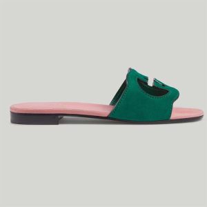 Replica Gucci Unisex Interlocking G Cut-Out Slide Sandal Green Pink Suede Flat 2