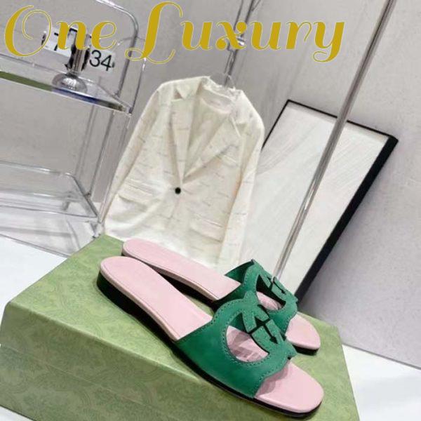Replica Gucci Unisex Interlocking G Cut-Out Slide Sandal Green Pink Suede Flat 3