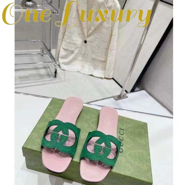 Replica Gucci Unisex Interlocking G Cut-Out Slide Sandal Green Pink Suede Flat 4