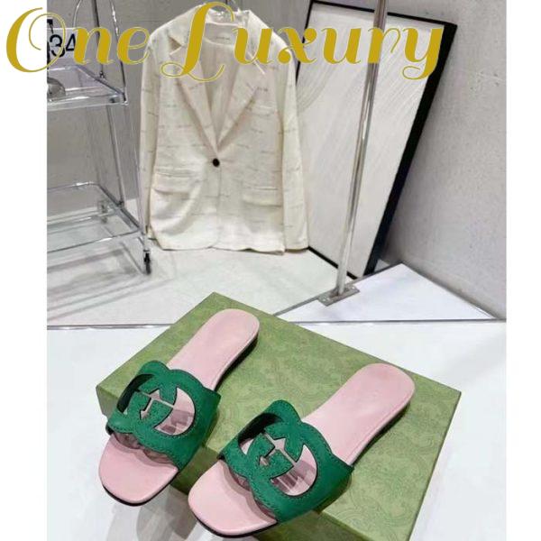 Replica Gucci Unisex Interlocking G Cut-Out Slide Sandal Green Pink Suede Flat 5