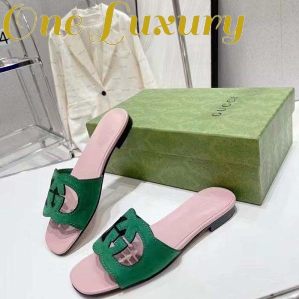 Replica Gucci Unisex Interlocking G Cut-Out Slide Sandal Green Pink Suede Flat 6