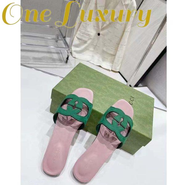 Replica Gucci Unisex Interlocking G Cut-Out Slide Sandal Green Pink Suede Flat 7
