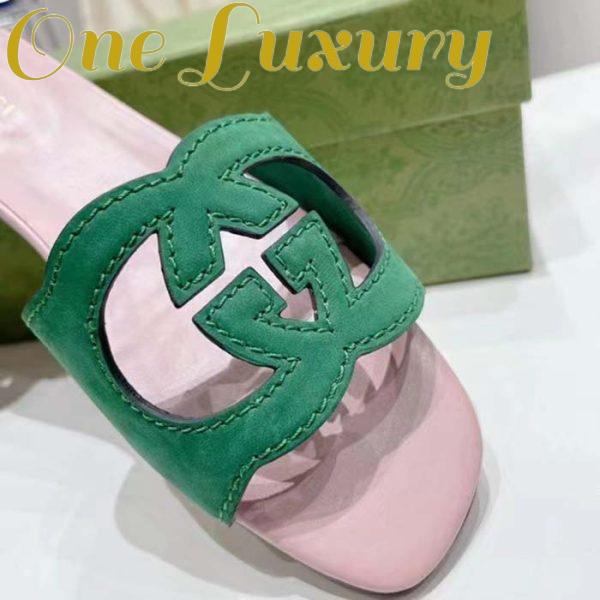 Replica Gucci Unisex Interlocking G Cut-Out Slide Sandal Green Pink Suede Flat 9