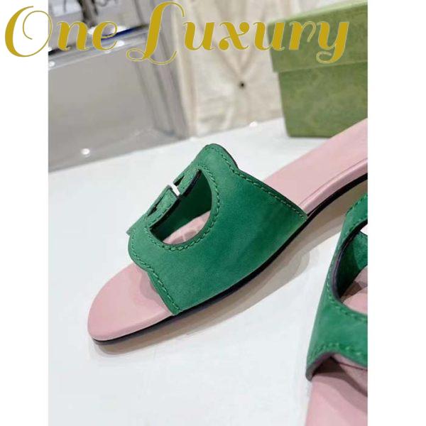 Replica Gucci Unisex Interlocking G Cut-Out Slide Sandal Green Pink Suede Flat 11
