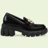Replica Gucci Women GG Lug Sole Interlocking G Loafer Black Patent Leather Low Heel Rubber