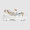 Replica Gucci Women Leather and Mesh Sandal with Crystals 4.6 cm Heel-White