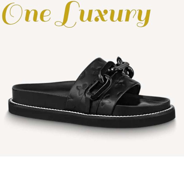 Replica Louis Vuitton Unisex Sunset Flat Comfort Mule Black Monogram Embossed Calf Leather