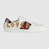 Replica Gucci Unisex Ace Embroidered Leather Sneaker Shoes Style-White