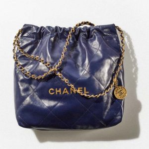 Replica Chanel Women 22 Small Handbag Shiny Calfskin Gold-Tone Metal Navy Blue