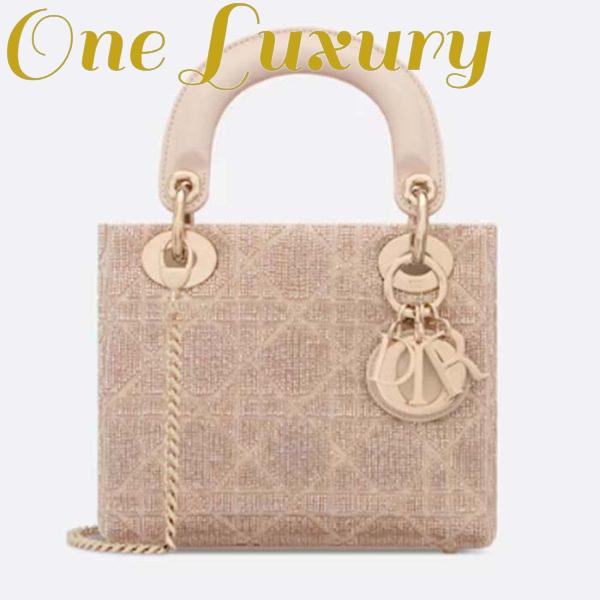 Replica Dior Women CD Mini Lady Dior Bag Caramel Beige Cannage Cotton Embroidered Micropearls