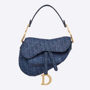 Replica Dior Women Saddle Bag Denim Blue Dior Oblique-Embroidered Canvas